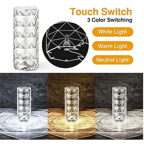 Led Crystal Table Lamp Rose Light Projector 3/16 Colors Touch Control RGB