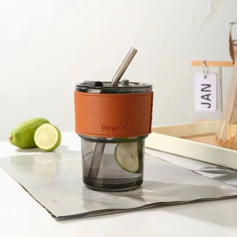 Tasse en verre avec couvercle et pailles anti-fuite