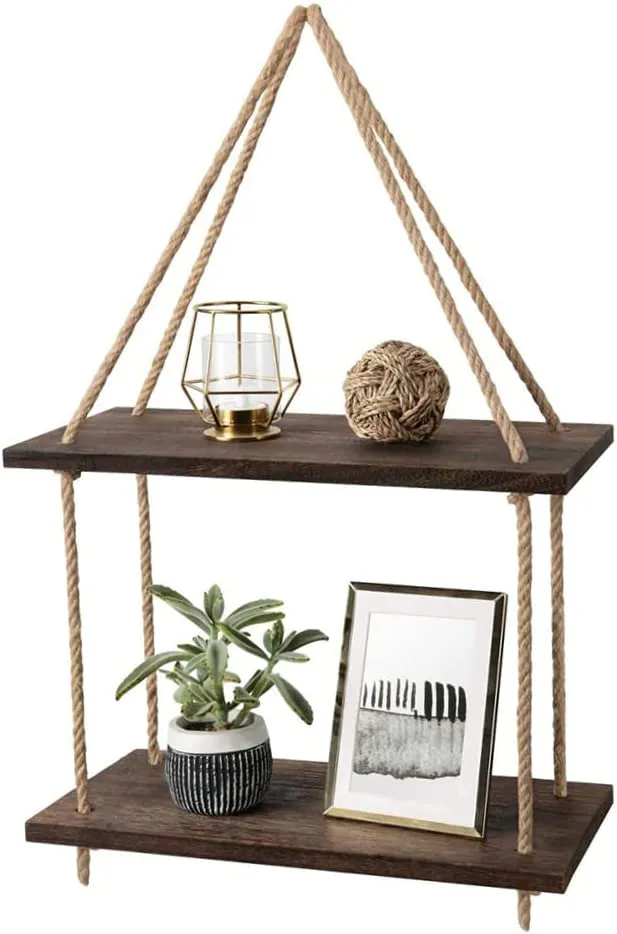 Étagère DOUBLE murale suspendue en bois rustique avec corde